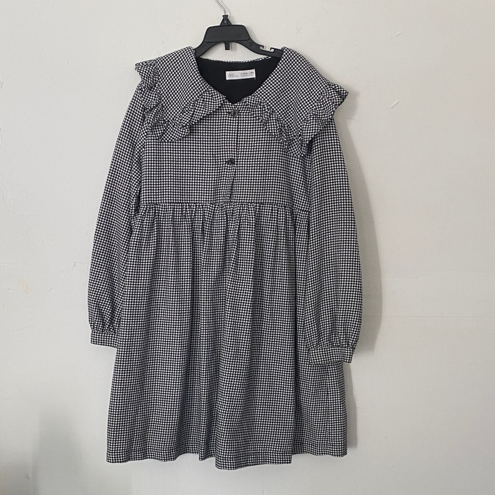 ZARA Kids Girls Dress Size 13-14 Black White Checkered Long Sleeve Ruffle Collar